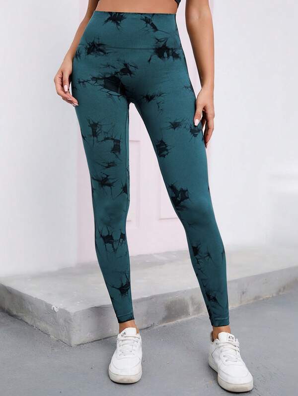 Legging deportivo Tie-dye verde control abdomen levanta cola