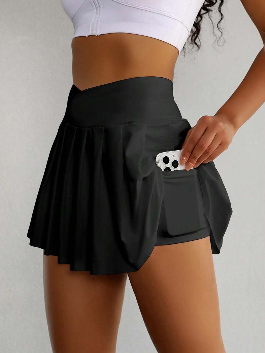 Falda pantalón deportiva cintura ancha negra bolsillo para celular