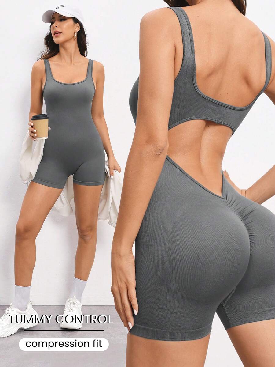 Enterizo deportivo corto gris control abdomen tipo V